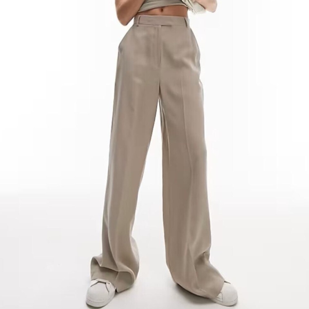 Topshop Women Size 14 Taupe Loose Fit High Waisted Wide Leg Trouser Pants NWT